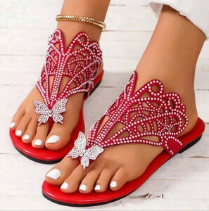 Summer New Genuine Leather Flat & Low-Heeled Cross-Toe Sandals With Rhinestone